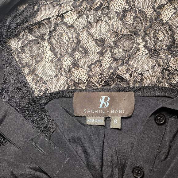 Sachin + Babi Silk Blend Pleated Collared Long Sleeve Lace Dress Black Size 8 - Picture 5 of 7